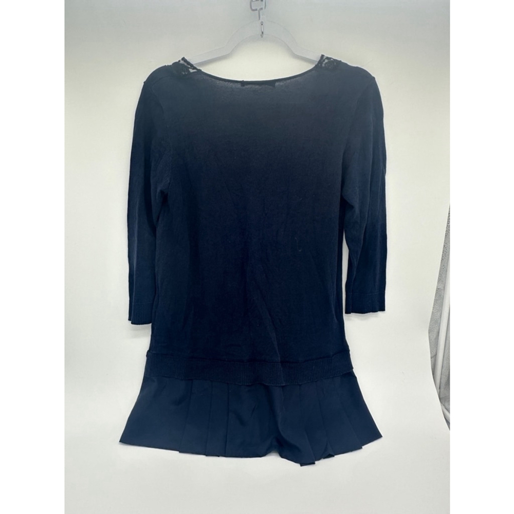 Weekend MaxMara Silk Cotton Tunic Top Sz L Navy Lace Trim Pleated Hem 3/4 Sleeve - Picture 3 of 7